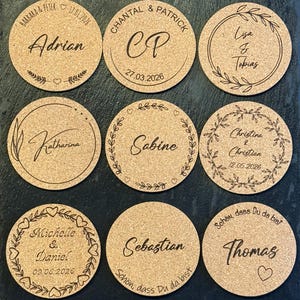 Sottobicchiere in sughero con nome personalizzato, segnaposto, regalo per gli ospiti, sottobicchiere per bevande, matrimonio/compleanno/celebrazione, vari motivi