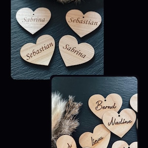 Wooden heart place cards, table decoration with individually engraved name, personalized hearts, scatter hearts, wedding, birthday, place cards