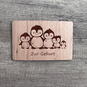 Grußkarte aus Holz Karte nachhaltig  Holzkarte Geschenk Geburt süße Pinguin Familie Pinguinfamilie