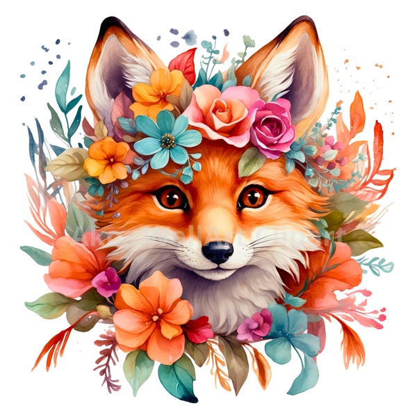 Fuchs Aquarell druckbare Clipart, 10 hochwertige JPEGs, Blumen Waldfuchs Kunst, digitale Papierkunst, Kartenherstellung