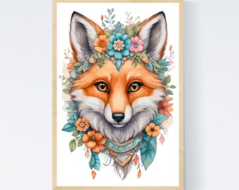 Fox Printable Wall Art Decor, Animal Fox Art, Nursery Wall Art, Fox Art, Woodland Nursery Art, Watercolor Fox Print, Fox Digital Print