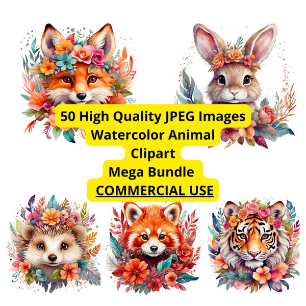 50 Watercolor Animals Clipart Mega Bundle Printable, High Quality JPEGs, Flowers Panda Fox Tiger Bunny Hedgehog, Nursery Art Decor