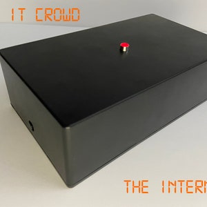 Può includere: Una scatola nera con un pulsante rosso in cima. Il testo "THE IT CROWD" è stampato sulla parte superiore della scatola e "THE INTERNET" è stampato sulla parte inferiore della scatola.