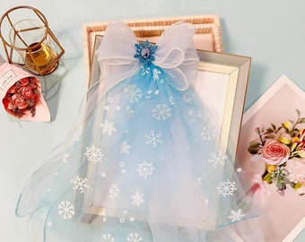 Frozen Inspired Veil, Elsa Inspired Bow, Blue Tail Bow, Snow Flakes Bow, Rhinestone Center Bow, Princess Bow