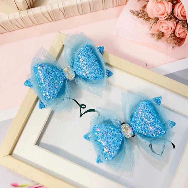 Blue Glitter Pigtail Set, Blue Glitter Tulle Bow, Girl Blue Pigtail Set, Toddler Blue Hair Bow, Girl Rhinestone Center Bow