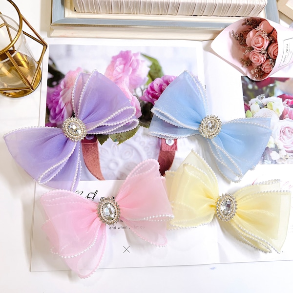 Multi Color Tulle Bow, Light Purple Bow, Yellow Tulle Rhinestone Center Bow, Women Lavender Chiffon Bow, Girl Large Bow