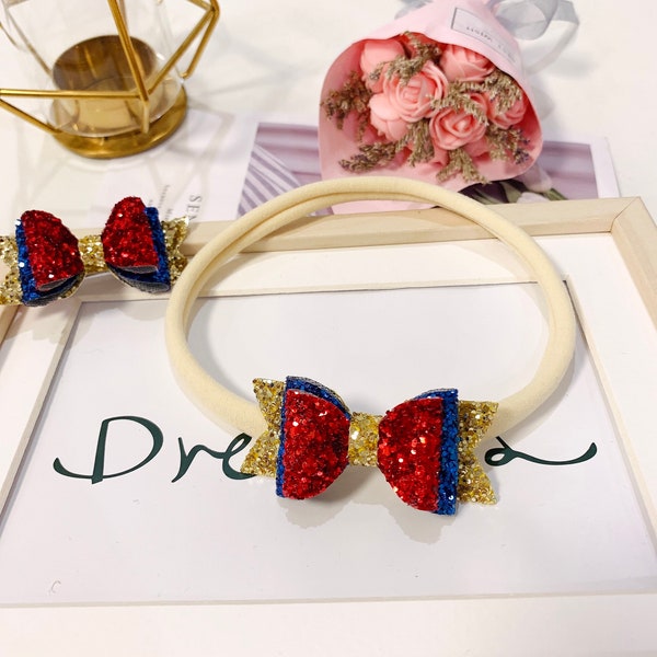 Mini Snow White Inspired Bow, Disney Princess Bow, Snow White Glitter Bow, Mini Snow White Hair Clip, Baby Headband