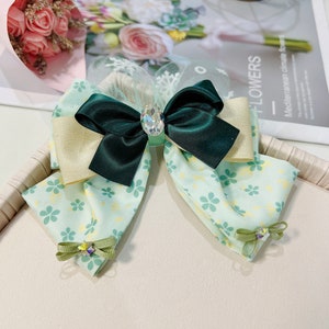 Anna Inspired Bow, Oversized Green Hair Bow, Dark Green and Mint Green Bow, Girl Rhinestone Center Bow