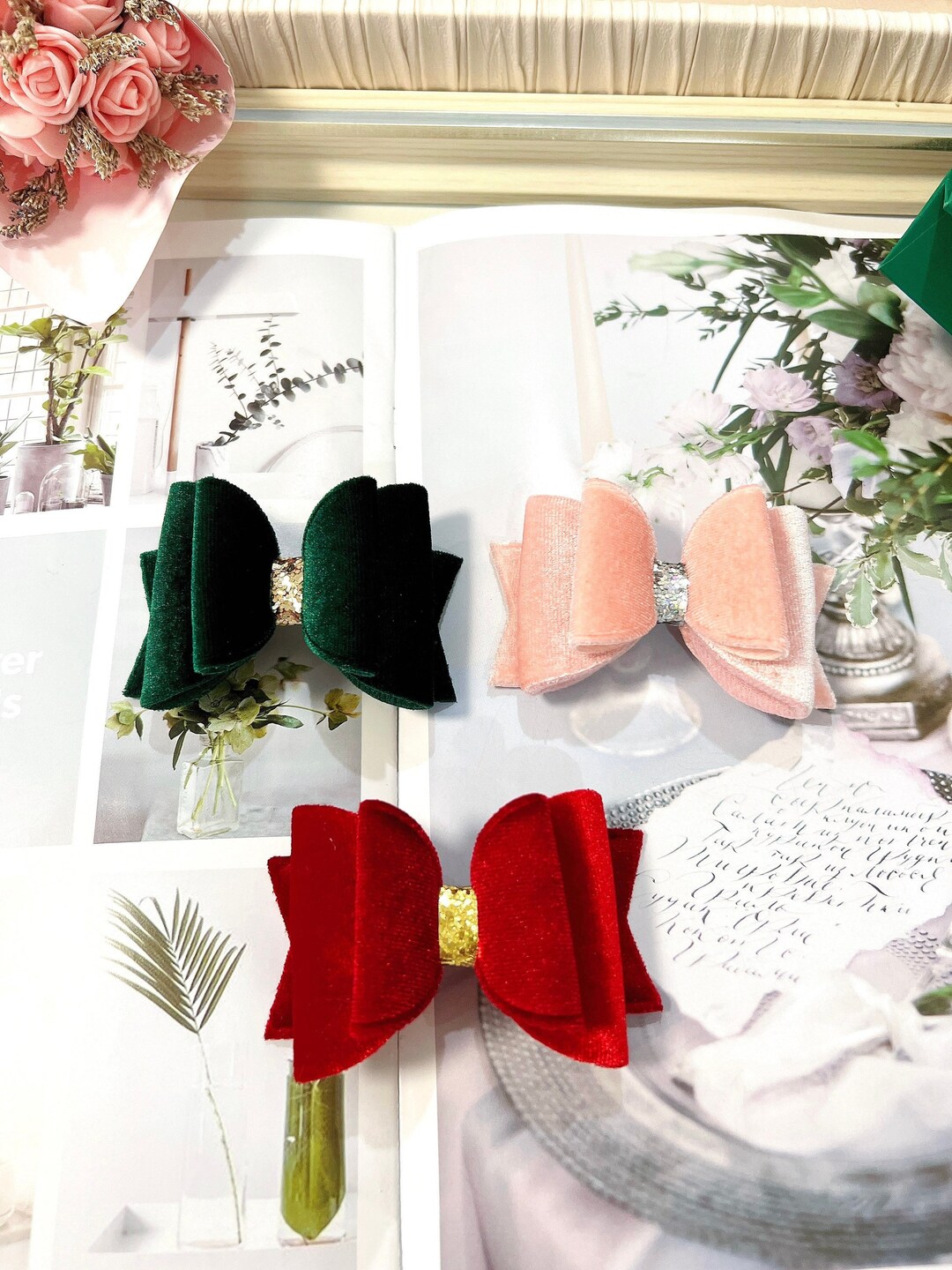 Multi Color Velvet Bow, Red Velvet Hair Bow, Dark Green Headband, Pink