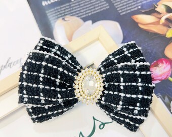 Black Fabric Bow, Rhinestone Center Bow, Luxury Style Bow, Black Bow, Girl Hair Bow, Women Hair Clip, Holiday Bow