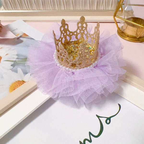 Birthday Crown Clip, Baby Crown Headband, Gold Crown, Lavender Tulle Crown Hair Accessories, Purple Tulle Tiara