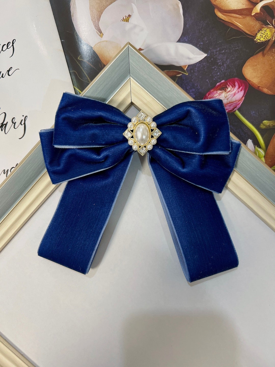 Navy Blue Velvet Tail Bow, Faux Pearls Center Bow, Luxury Style Bow