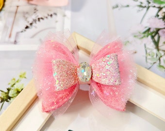 Pink Glitter Bow, Pink Glitter Tulle Bow, Pink Princess Bow, Girl Pink Glitter Pigtail Clip