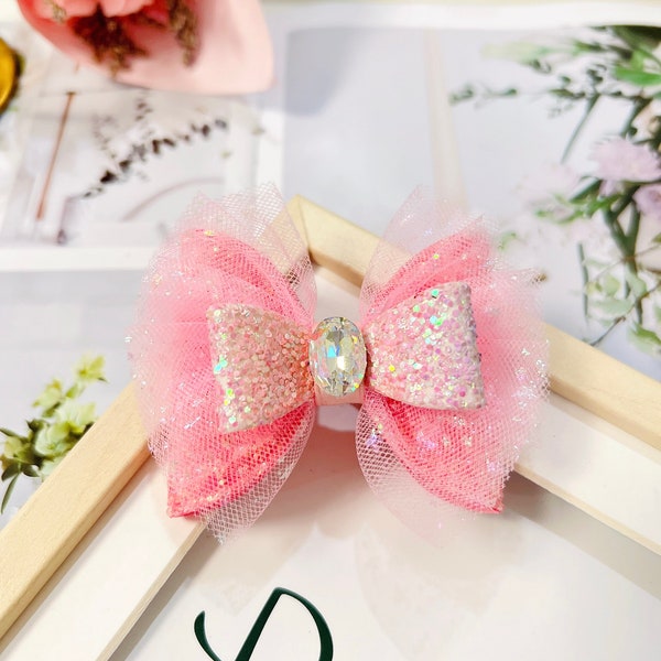 Pink Glitter Bow, Pink Glitter Tulle Bow, Pink Princess Bow, Girl Pink Glitter Pigtail Clip