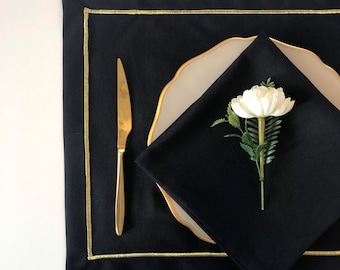 Gold Embroidered Black Linen Placemat & Napkin Set