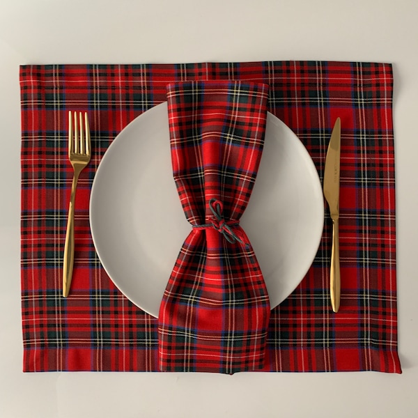 Holiday Placemat and Napkin Set, Red Tartan Holiday Table Mats, Red Plaid Scottish Placemats, Red Placemat Set, Royal Stewart Placemats