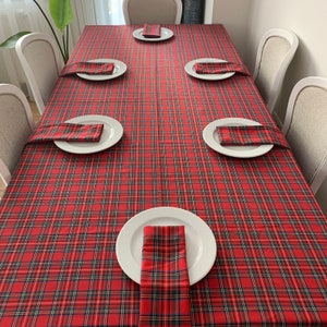 Toalha de mesa de Natal xadrez Royal Stewart, decoração de mesa de feriado, toalhas de mesa xadrez vermelhas, decoração de festa, capa de mesa de tamanho personalizado para feriado
