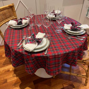 Tartan Round Christmas Tablecloth, Christmas Table Decor, Red Plaid Table Cover, Holiday Decoration, Round or Rectangle Xmas Tablecloth