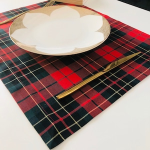 Red Modern Tartan Placemat and Napkin Set, Gift for Christmas, Kitchen Table Decor, Red Green Gold Table Mat