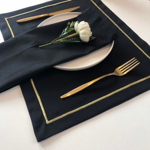 Shiny Gold Embroidered Black Placemat and Napkin, Black Bohemian Table Decor, Gold Black Table Mat, Set of 6 8, Gift for Her, Gift for Moms