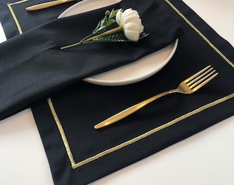Embroidered Black Linen Placemat & Napkin Set: Shiny Gold Bohemian Table Decor