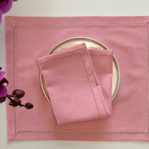 Candy Pink Linen Placemat & Napkin Set, Silver Embroidered Luxury Table Mats and Napkins, Pink Table Decor, Housewarming Gift