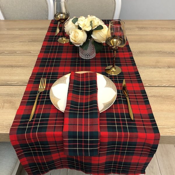 Red Plaid Christmas Table Runner and Napkin Set, Beige Plaid Christmas Decor, Tartan Table Runner, Plaid Fabric Table Runner, Xmas Gift