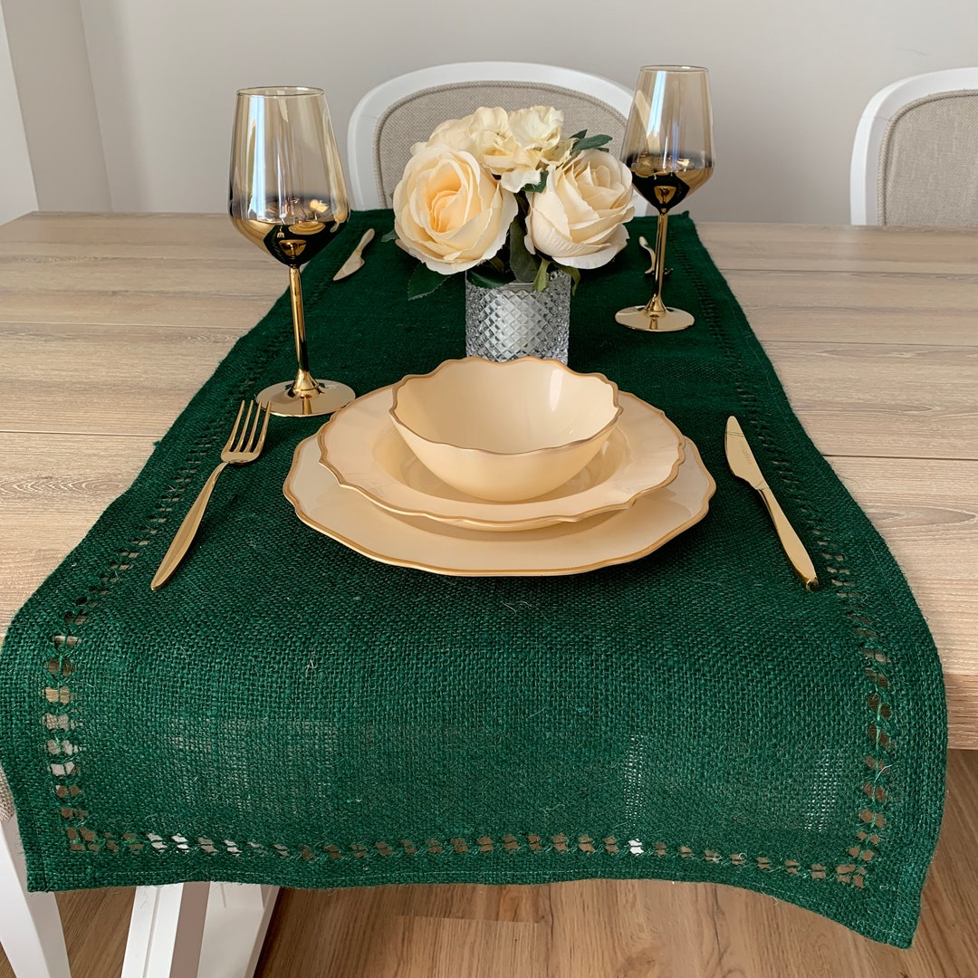 Green Burlap Farmhouse Table Runner, Rustic Centerpieces, Burlap