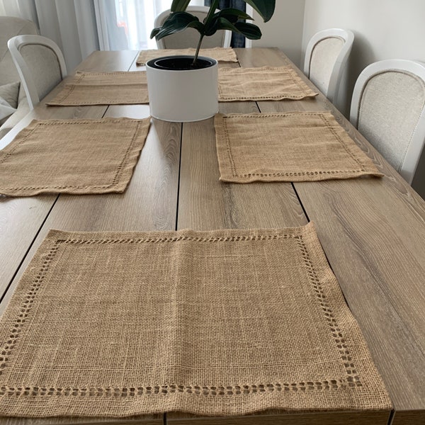 Rustic Burlap Placemats, Hemstitched Burlap Placemat, Rectangle Burlap Placemats, Rustic Fall Table Decorations, Rustic Farmhouse