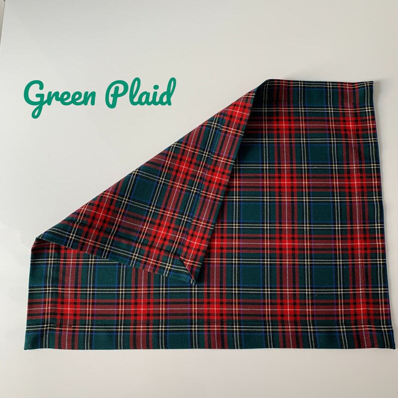 May include: Green plaid fabric with red, white, and blue stripes. The fabric is folded in half, showing the pattern on both sides.