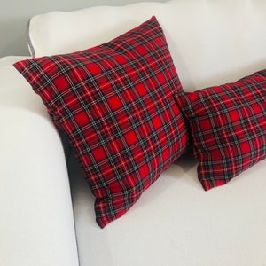 Housse de coussin Noël rouge, décoration de ferme, montre noire, taies d&#39;oreiller à carreaux rouges, taies d&#39;oreiller en tissu, taie d&#39;oreiller tartan royal Stewart