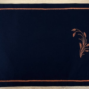 Dark Blue Linen Placemat Set: Copper Embroidered Table Decor