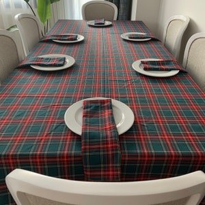 Green Plaid Xmas Fabric Tablecloth, Green Tartan Table Cover, Scottish TableCloths