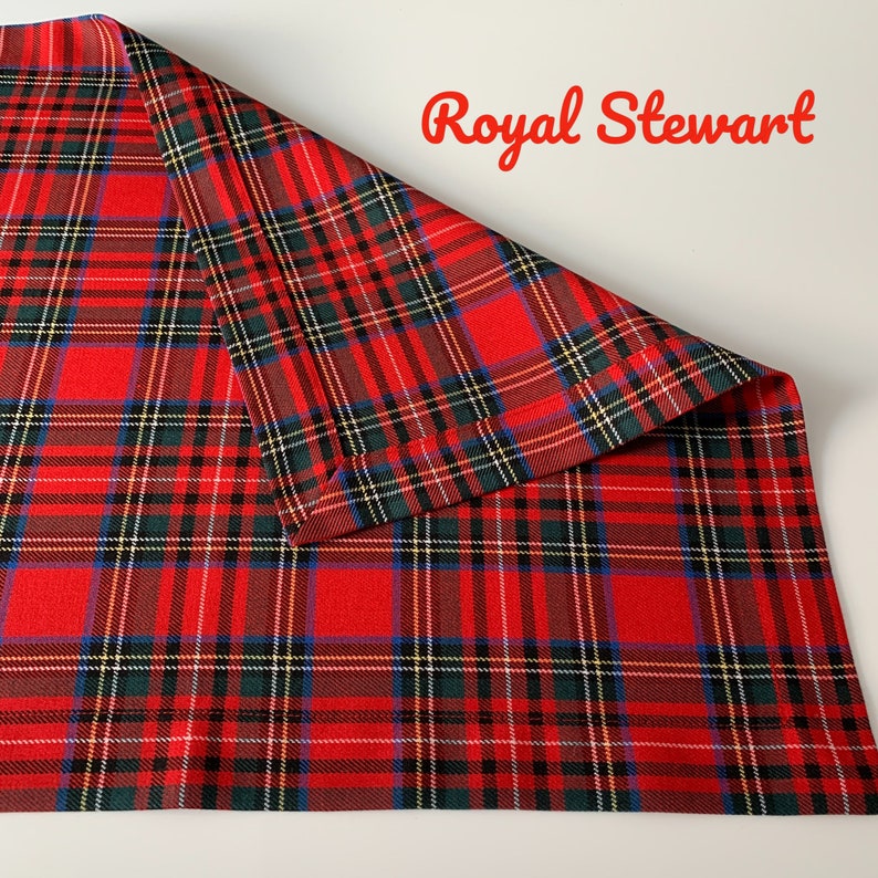 May include: Red, green, blue, and white plaid fabric with the text "Royal Stewart" in red.