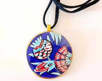 Blue Ceramic Necklace, Floral Necklace, floral ceramic pendant, Hand Paint Necklace, floral pendant, pottery necklace, blue necklace