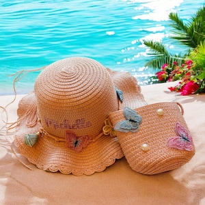 Ensemble deux pièces personnalisé chapeau de paille et sac à main / Chapeau d'été et sac à main pour fillette / Cadeau petite fille