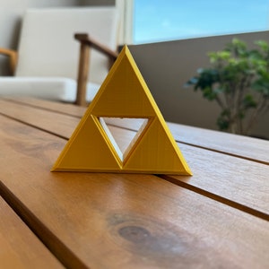 May include: A yellow triangular-shaped object with a smaller triangle cut out of the centre. The object is made of plastic and is sitting on a wooden surface.
