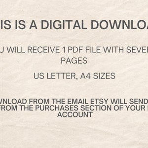 May include: A beige background with text stating "THIS IS A DIGITAL DOWNLOAD." The text explains the buyer will receive a PDF file with several pages in US Letter and A4 sizes. Download instructions are also provided.