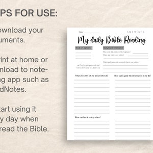 May include: A printable Bible reading journal titled "My daily Bible Reading" in a handwritten font. The journal features sections for book and chapter, background information, and personal reflection prompts. Instructions for use are also included.