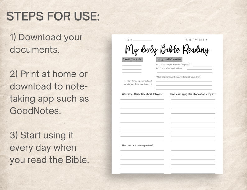 May include: A printable Bible reading journal titled "My daily Bible Reading" in a handwritten font. The journal features sections for book and chapter, background information, and personal reflection prompts. Instructions for use are also included.
