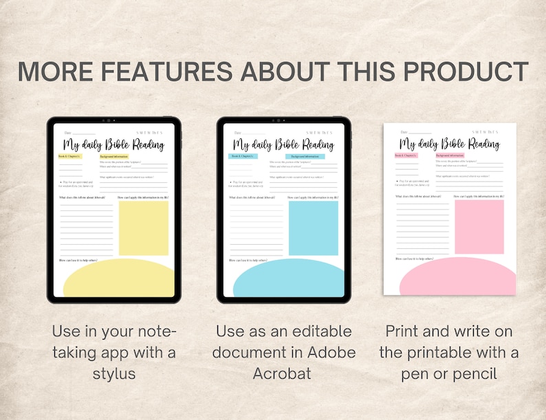 May include: Three digital Bible reading templates are shown, one on a tablet and two printed. The templates are labelled "My daily Bible Reading". The image highlights the templates' features, including note-taking and reflection sections. Text reads "More features about this product".