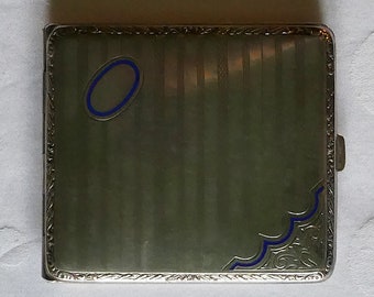 Altes, schön verziertes Zigarettenetui aus Alpacca-Silber, Emaille, 9 x 8 cm, für 18 Zigaretten, Jugendstil bis Art déco