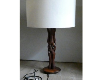 Very beautiful, large, special table lamp from the 1970s, teak, hand-carved, linen, Denmark, Danish Design