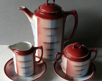 Einzigartiger Kaffee-Kern, Kanne, Milchkännchen und Zuckerdose, 2 Teller, Porzellan, Spritzdekor, Art déco, Bauhaus, 1930er