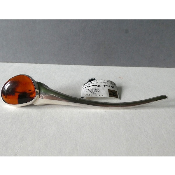 Asymmetrical, unique brooch, robe clasp, amber, 925 silver, designer piece, Lesgek Kaminski, Gdansk, Poland, 50s or 60s.