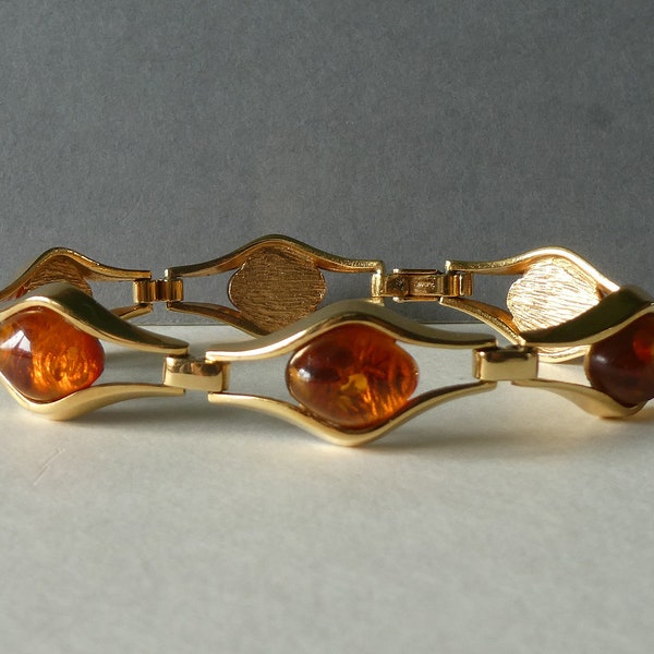 Rarely beautiful set of bracelet and pendant with wonderful amber, gold-doublé, gold-plated, 1970s or 1980s