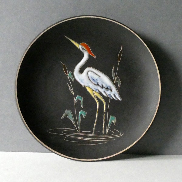 Ceramic plate with a heron from Ruscha, Rheinbach, Germany, handmade in the 1950s or 1960s