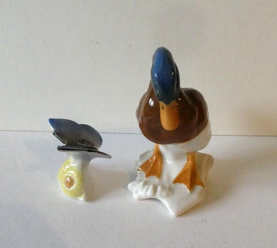Mallard, drake, Hutschreuther, design by K. Tutter and butterfly by Volkstedt, porcelain from the 1930s