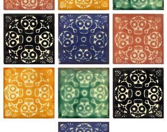 10 Mexican Talavera Ceramic Tiles 2x2" Dia de Muertos Calaveras Skulls Designs Handmade Folk Art