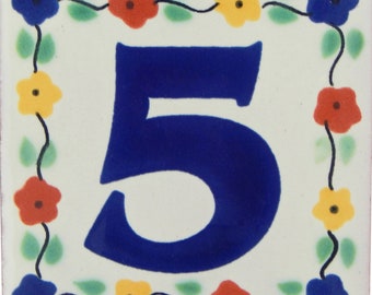 FIVE Mexican Tile House Numbers Address Numbers Ceramic House Number Talavera Number Wedding Table Numbers Flowers 4x4